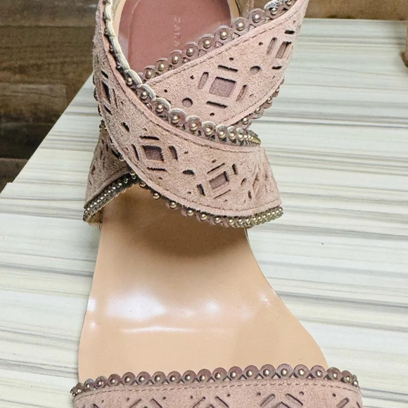 ZARA Mauve pink Laser Cut Heel studded Sandal US8 holidays suede chunky heel - Picture 3 of 5